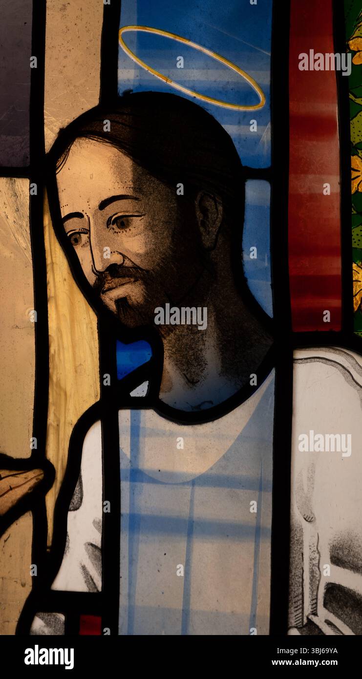 The risen Christ stained glass, St. Mary`s Church, Warwick, Warwickshire, England, UK Stock Photo